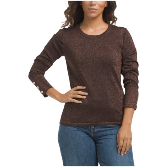ELIE TAHARI Long Sleeve Crew Neck Metallic Sweater With Button Cuffs - Picture 1 of 3
